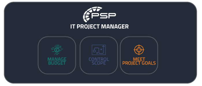 infographic of it project manager. Manage budget, control scope, meet project goals
